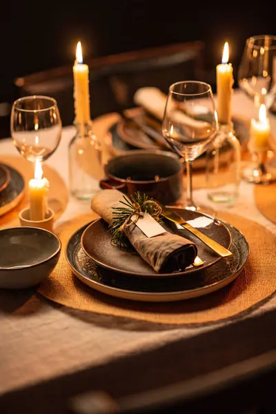 Kış Tatili Akşam Yemeği Kutlama Konsepti Skandinav Noel Masasının Kapanışı — Stok fotoğraf