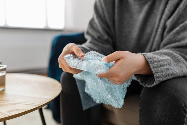 Mental Health Stress Depression Close Woman Popping Bubble Wrap Home — Stock Photo, Image
