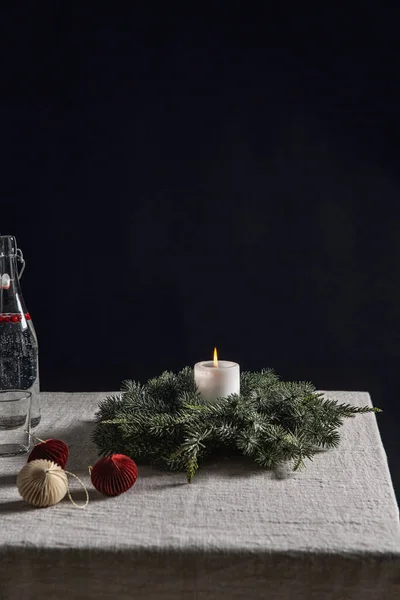 Winter Holidays Celebration Concept Close Fir Wreath Burning Candle Christmas — Stock Photo, Image