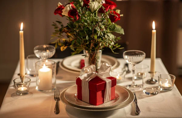 Holidays Romantic Date Celebration Concept Close Festive Table Serving Two — Stock Photo, Image