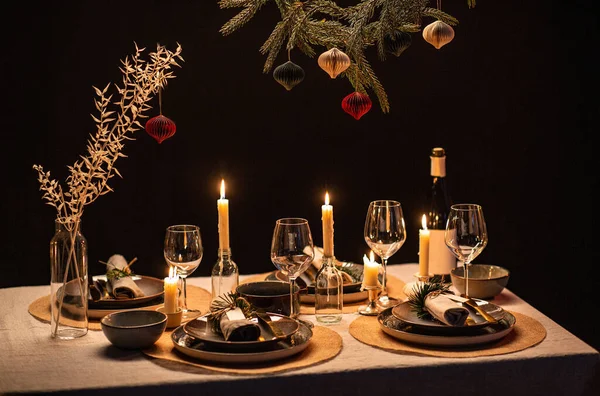 Vacaciones Invierno Cena Concepto Celebración Mesa Navidad Escandinava Que Sirve —  Fotos de Stock