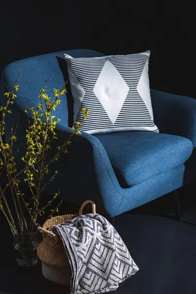 Interior Home Decor Concept Close Blue Chair Pillow Blanket Wicker Fotos De Bancos De Imagens