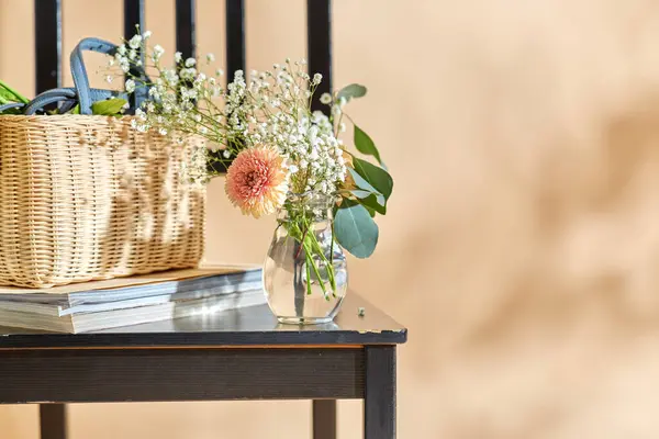 Home Decor Design Concept Close Flowers Basket Magazines Vintage Chair — Stock Photo, Image