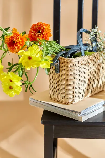 Home Decor Design Concept Close Flowers Basket Magazines Vintage Chair — Zdjęcie stockowe