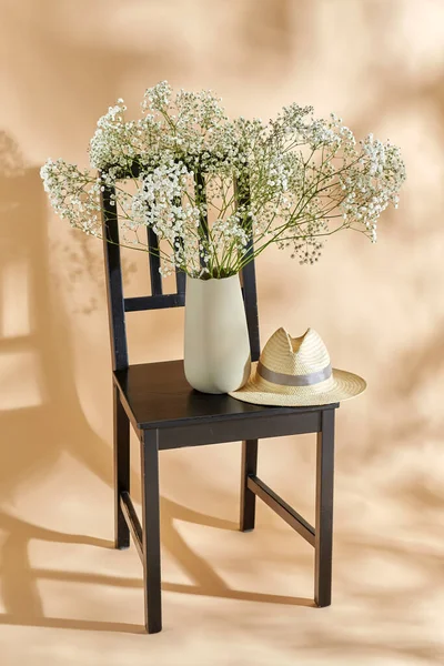 Home Decor Design Concept Close Gypsophila Flowers Vase Straw Hat Stock Kép