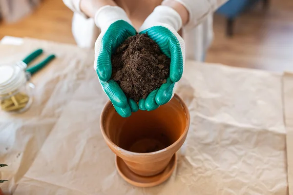 People Gardening Housework Concept Close Woman Gloves Pouring Soil Flower — ストック写真