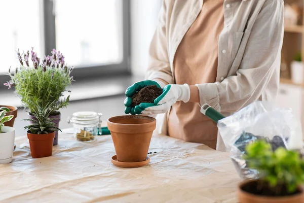 People Gardening Housework Concept Close Woman Gloves Pouring Soil Flower — ストック写真