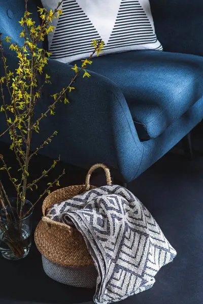 Interior Home Decor Concept Close Blue Chair Pillow Blanket Wicker Jogdíjmentes Stock Képek