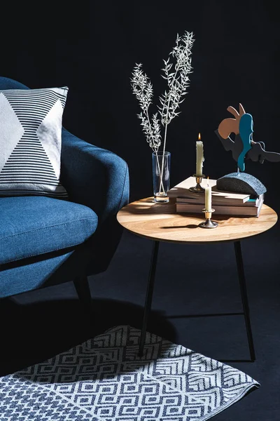 Interior Home Decor Concept Close Blue Chair Pillow Candles Books Image En Vente