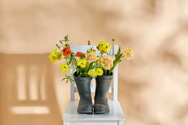Gardening International Womens Day Floral Design Concept Flowers Rubber Boots — Zdjęcie stockowe