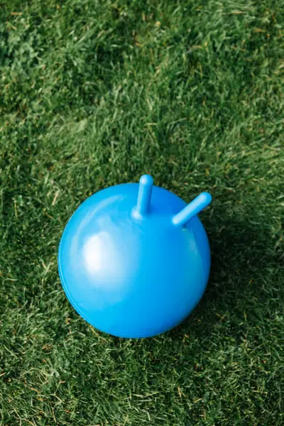 Çocukluk Eğlence Oyuncak Konsepti Kırmızı Zıplayan Topa Yakın Olmak Çimenlerin — Stok fotoğraf