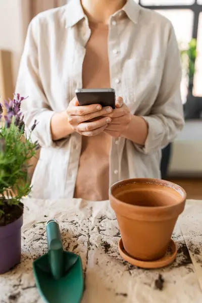 People Gardening Planting Concept Close Woman Smartphone Pot Flower Home Jogdíjmentes Stock Fotók