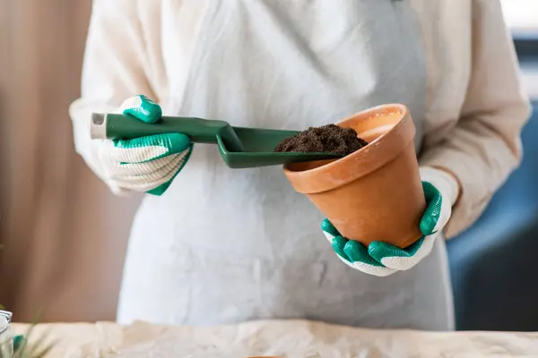 People Gardening Planting Concept Close Woman Gloves Trowel Pouring Soil — 图库照片