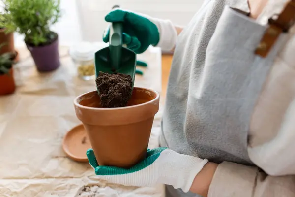 People Gardening Planting Concept Close Woman Gloves Trowel Pouring Soil ストック画像