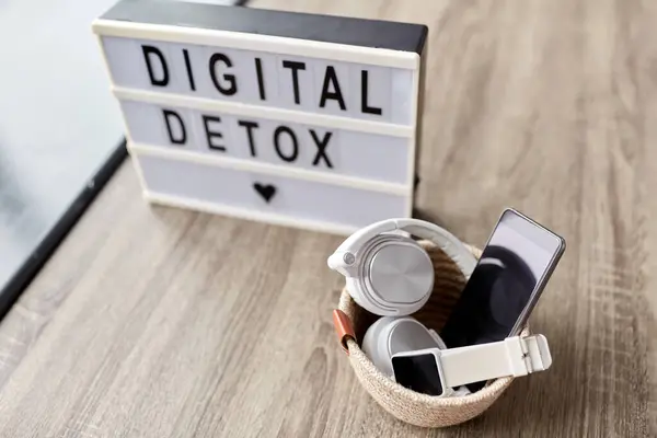 Technology Concept Digital Detox Words Light Box Different Gadgets Blue Rechtenvrije Stockafbeeldingen