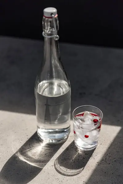 Concepto Objetos Bebidas Botella Agua Vidrio Con Hielo Arándanos Suelo Imagen De Stock