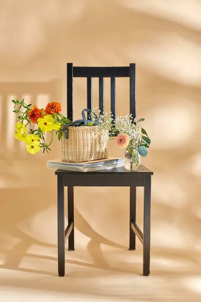 Home Decor Design Concept Close Flowers Basket Magazines Vintage Chair - Stok İmaj