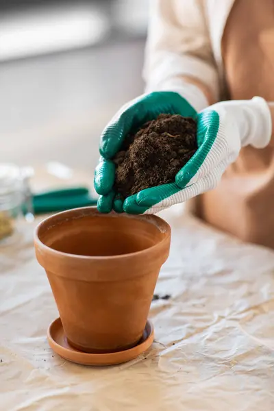 People Gardening Housework Concept Close Woman Gloves Pouring Soil Flower 스톡 사진