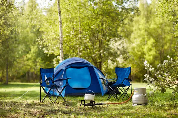 Eten Koken Toerisme Reizen Concept Close Van Camping Pot Toeristisch Rechtenvrije Stockafbeeldingen