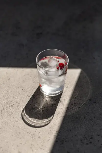 物体和饮料的概念 在阳光充足的地板上用冰块和蔓越橘把水泡在玻璃杯中 免版税图库照片
