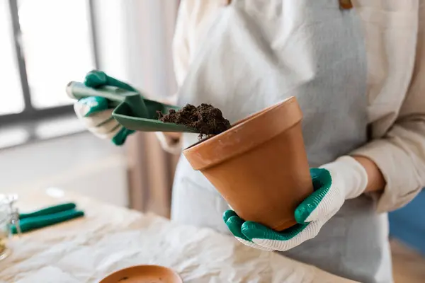 People Gardening Planting Concept Close Woman Gloves Trowel Pouring Soil Imagen de archivo
