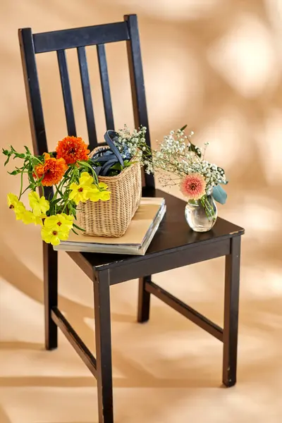 Home Decor Design Concept Close Flowers Basket Magazines Vintage Chair Royalty Free Stock Images
