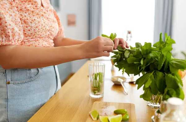 酒水和人的概念 在家里厨房里用玻璃杯和薄荷糖做鸡尾酒的女人的近照 图库图片