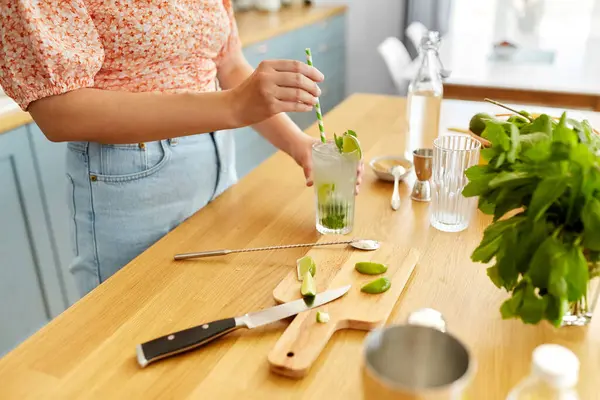 Drinks People Concept Close Woman Paper Straw Making Lime Mojito Stock Image