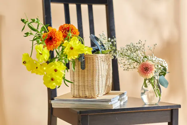 Home Decor Design Concept Close Flowers Basket Magazines Vintage Chair Стоковое Фото