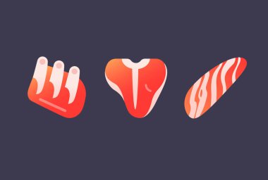 Vektör simgeleri, biftek klipsleri sanat jelibon tarzı, pirzola, t-kemik ve etek biftekleri.