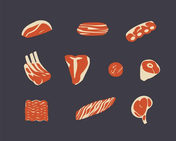 Τεμάχια Βοείου Κρέατος Εικονίδια Φορέων Κρέατος Μπριζόλες Και Πλευρά Βόειο — Διανυσματικό Αρχείο