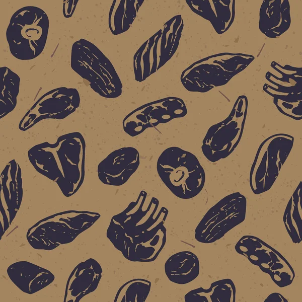 牛の切り身の手描きのアイコンとシームレスなパターン 肉屋の包装紙のデザイン バーベキューレストランメニューテンプレート — ストックベクタ