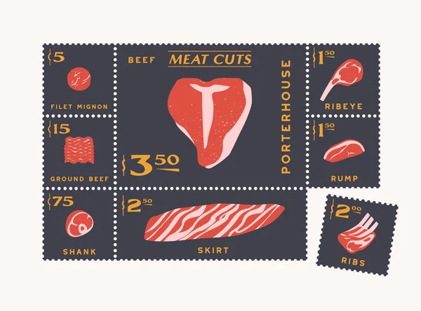 牛肉切碎 邮政邮票风格的肉类图标 牛排和排骨 碎牛肉和菲力牛排 — 图库矢量图片