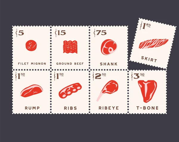 Dělené Hovězí Maso Ikony Poštovních Známkách Steaky Žebra Hovězí Filet — Stockový vektor