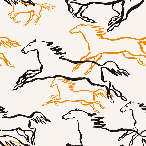 Silhueta Esboço Desenhado Mão Dos Cavalos Desenhos Pincel Padrão Sem —  Vetores de Stock