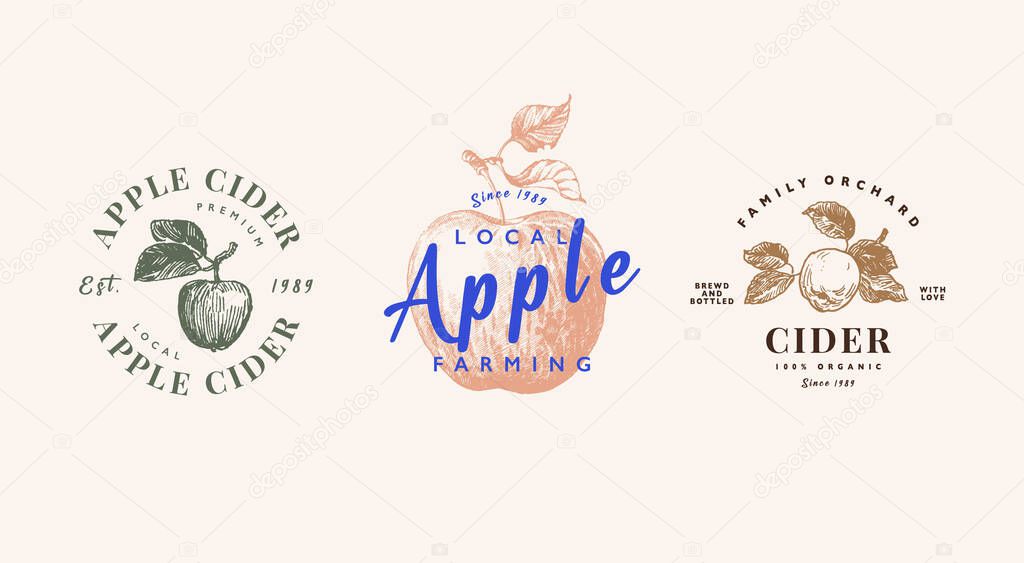 Apple cider logo template set, apple juice products emblem. Hand drawn apple fruits
