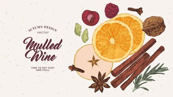 Hoja Receta Vino Caliente Ilustración Culinaria Menú Bebidas Calientes Ingredientes — Archivo Imágenes Vectoriales