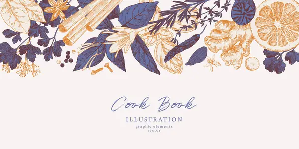 スパイスと料理のハーブの手描きイラスト 料理本のデザイン レストランのメニュー レシピシートのためのグラフィック要素 植物と料理のイラスト — ストックベクタ