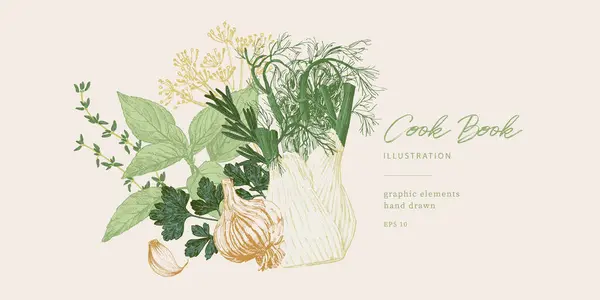 Kulinarische Illustration Vintage Zeichnung Von Gewürzen Und Küchenkräutern Grafische Elemente — Stockvektor