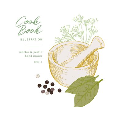 Havan topu ve tokmak elle çizilmiş illüstrasyon, mutfak aleti ve ekipman. Aşçılık illüstrasyonu