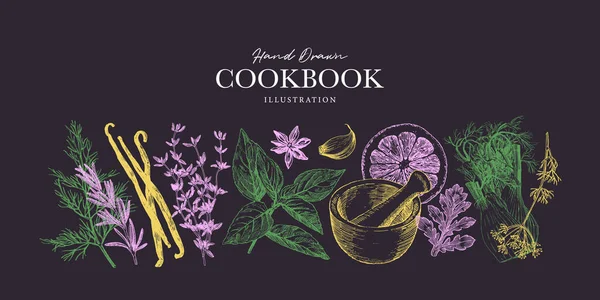 草药和香料边界模板 黑板上的粉笔画 烹饪书籍设计 餐馆菜单和菜谱的图形化元素 — 图库矢量图片