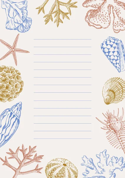 有贝壳和珊瑚图案的空白笔记本 边框设计模板 夏季插图横幅 图库矢量图片