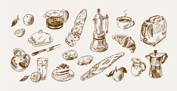 Ручной Рисунок Пунктов Связанных Темой Завтрака Рисунки Кофе Кондитерские Изделия — стоковый вектор