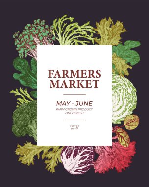 Siyah arka planda çiftlik sebze posteri. El yapımı lahana, marul yaprakları ve mikroyeşiller. İşlenmiş biçim grafik ögeleri