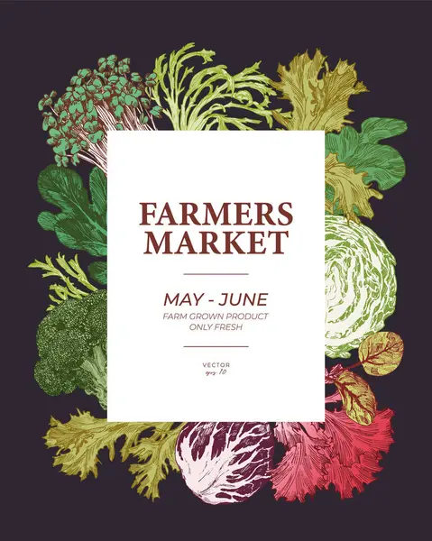 Boeren Markt Plantaardige Poster Zwarte Achtergrond Met Hand Getekende Kool — Stockvector