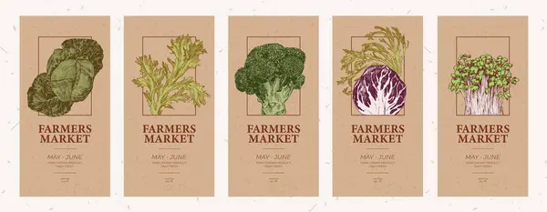 Gli Agricoltori Mercato Carta Riciclata Volantini Stile Illustrazioni Incise Cavoli — Vettoriale Stock