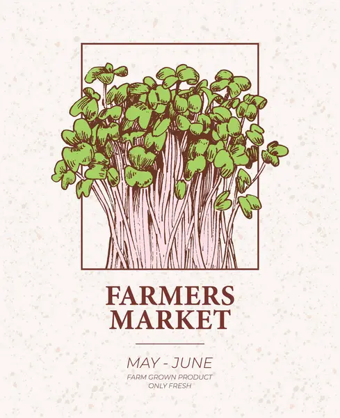 Boeren Markt Poster Ontwerp Microgreens Gegraveerde Illustratie — Stockvector