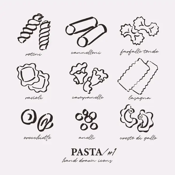 Verschillende Pasta Types Set Schema Pictogrammen Eenvoudige Losse Tekeningen Schetsmatige Rechtenvrije Stockvectors
