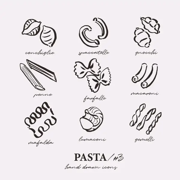 Conjunto Diferentes Tipos Pasta Iconos Contorno Dibujos Sueltos Simples Estilo Vector De Stock