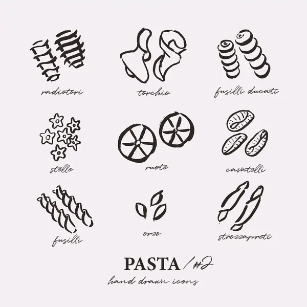 Verschillende Pasta Types Set Schema Pictogrammen Eenvoudige Losse Tekeningen Schetsmatige Rechtenvrije Stockillustraties